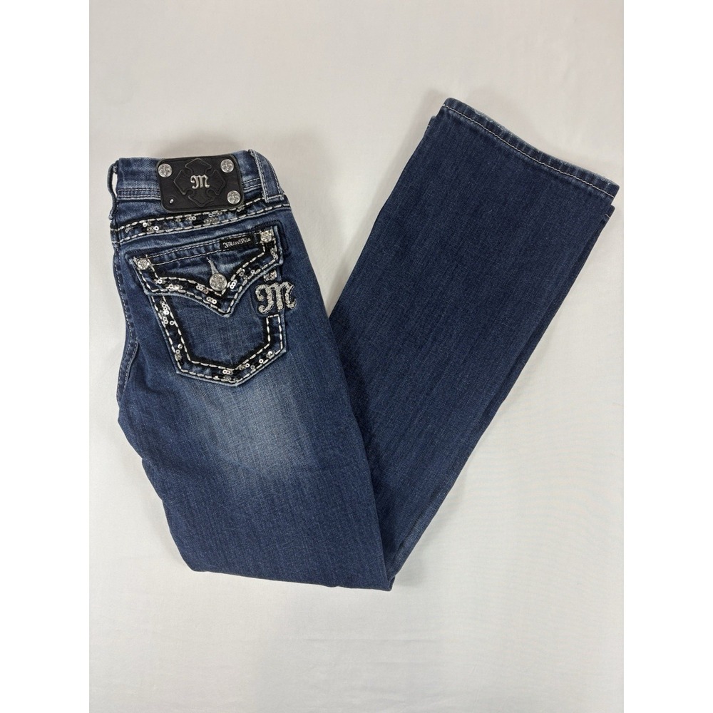 Miss Me Easy Boot Jeans Size 27 Dark Wash Sequin Flap Pocket JE5453E9L
